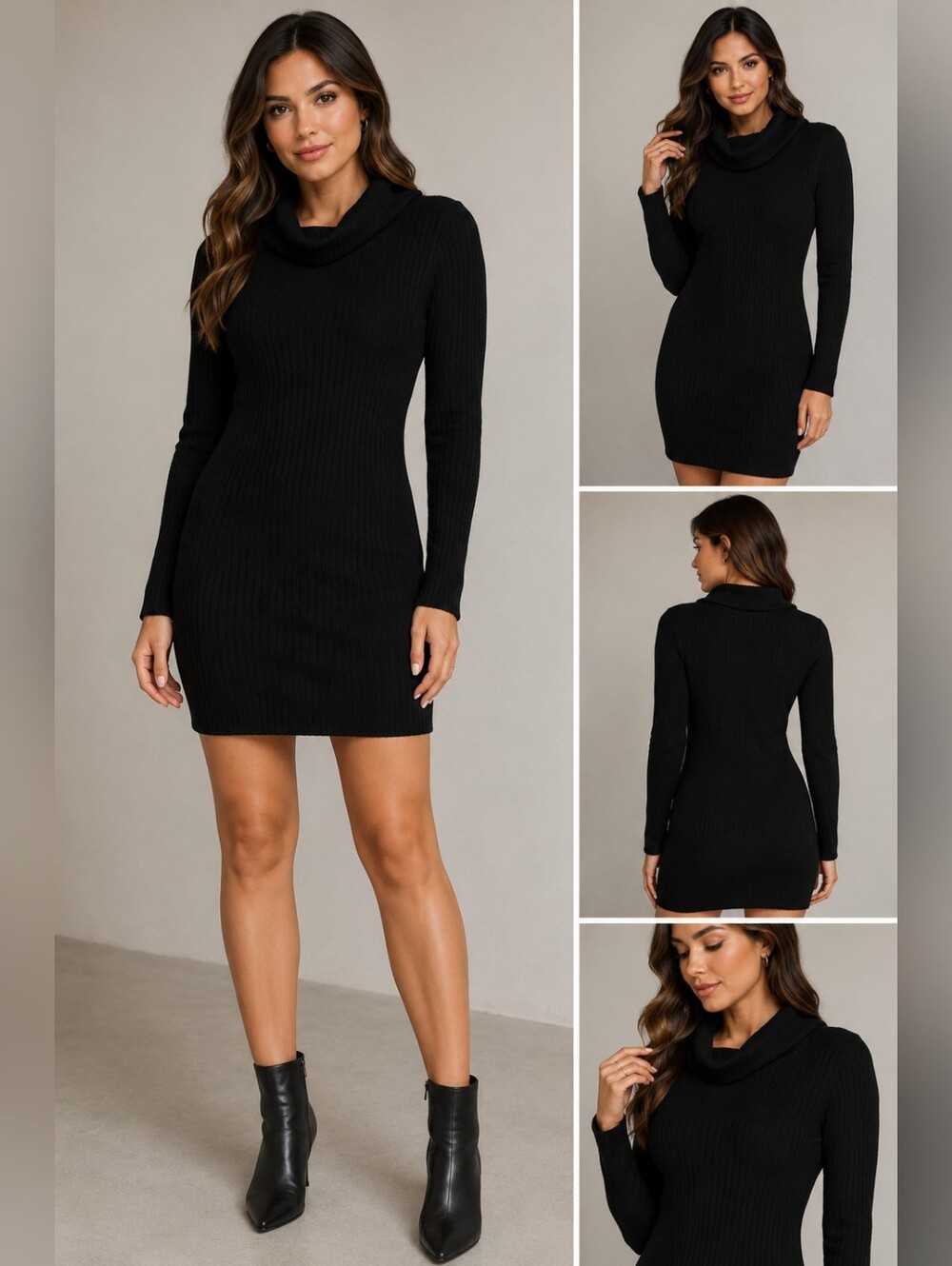 Classic Black Ribbed Turtleneck Sweater Dress - Women